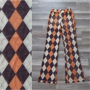 Brown Orange Argyle Print Mesh Pants Small High Waist Flare Leg